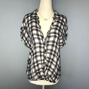 Lily White Short Sleeve High Low Button Down Top